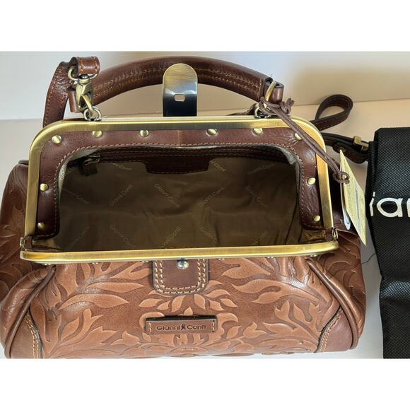 Gianni Conti Genuine Italian Leather Bag Doctor's Metal Frame Floral Design - Picture 10 of 14